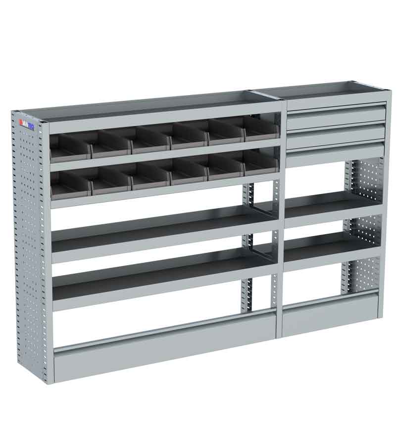 Invanteq Mechanic 3 lichtgewicht aluminium bedrijfswageninrichting kast. Lengte 1980 mm, Breedte 355 mm, hoogte 1250 mm. 8 Legvakken. 3 lades. inclusief montagemateriaal. inclusief 12 zwarte magazijnbakken. inclusief anti slipmatten. Inclusief Vloerklep.10 jaar garantie. modulair systeem. Speciaal ontworpen Voor grote bedrijfswagens.Inbouw uitbesteden? vraag naar de mogelijkheden.