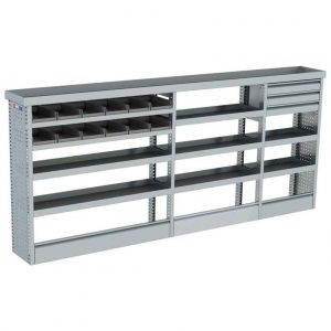 Invanteq Pro 3 lichtgewicht aluminium bedrijfswageninrichting kast. Lengte 2940 mm, Breedte 355 mm, hoogte 1250 mm. 10 Legvakken. 3 lades. inclusief montagemateriaal. inclusief 12 zwarte magazijnbakken. inclusief anti slipmatten. Inclusief Vloerklep.10 jaar garantie. modulair systeem. Speciaal ontworpen Voor grote bedrijfswagens.Inbouw uitbesteden? vraag naar de mogelijkheden.