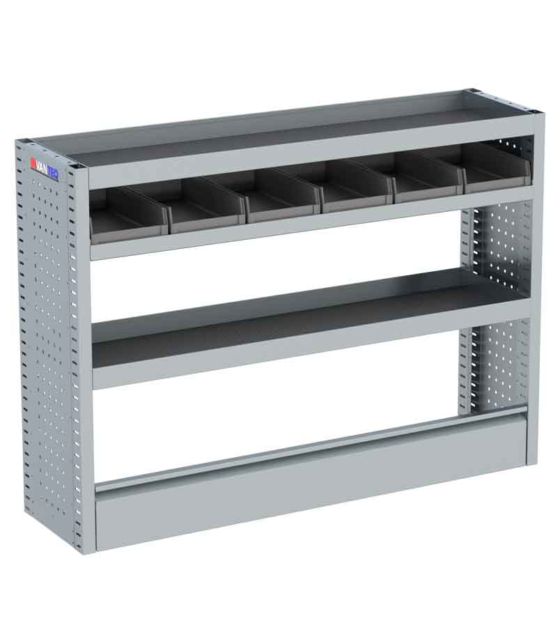 Invanteq Starter Zero lichtgewicht aluminium bedrijfswageninrichting kast. Lengte 1320 mm, Breedte 355 mm, hoogte 960 mm. 3 Legvakken. inclusief montagemateriaal. inclusief 6 zwarte magazijnbakken. inclusief anti slipmatten. 10 jaar garantie. modulair systeem. Speciaal ontworpen Voor kleine bedrijfswagens maar is natuurlijk ook in te bouwen in middel en grote bedrijfswagens. Inbouw uitbesteden? vraag naar de mogelijkheden.