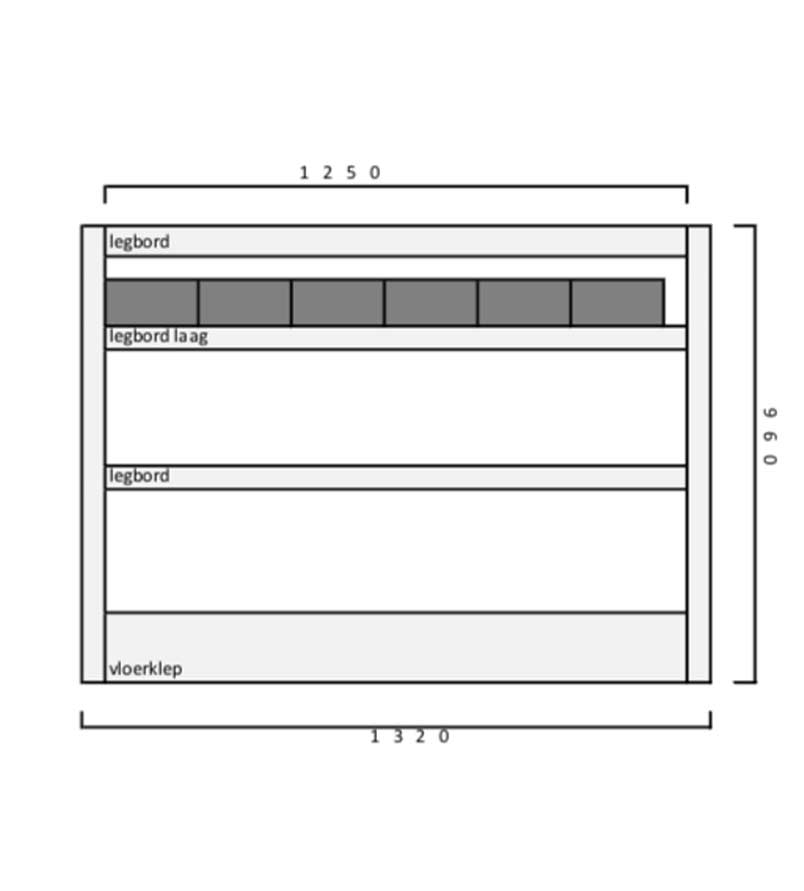 Tekening maatvoering Invanteq starter Zero Aluminium Lichtgewicht Bedrijfswageninrichting Kast. (L) 1320 x (B) 355 x (H) 960 mm. 3 legborden. 6 magazijnbakken. Inclusief Vloerklep.