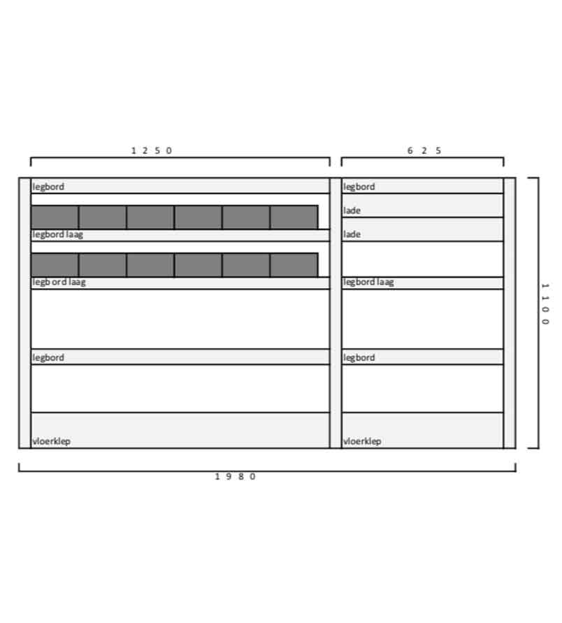 Tekening maatvoering Invanteq Worker 2 Aluminium Lichtgewicht Bedrijfswageninrichting Kast. (L) 1980 x (B) 355 x (H) 1100 mm. 7 legborden. 2 lades. 12 magazijnbakken. Inclusief Vloerklep.