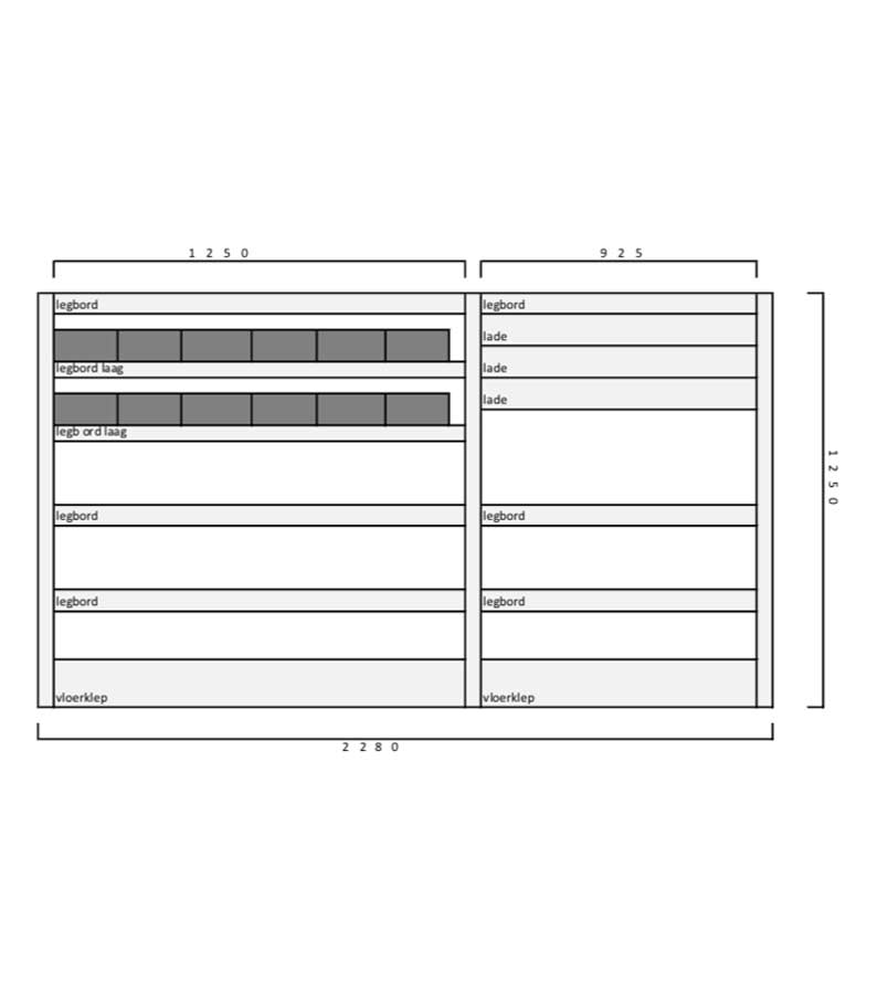 Tekening maatvoering Invanteq Mechanic 3 large Aluminium Lichtgewicht Bedrijfswageninrichting Kast. (L) 2280 x (B) 355 x (H) 1250 mm. 8 legborden. 12 magazijnbakken. Inclusief Vloerklep.
