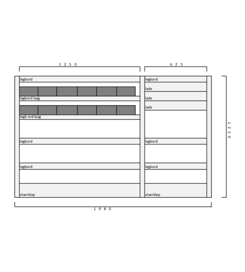 Tekening maatvoering Invanteq Mechanic 3 Aluminium Lichtgewicht Bedrijfswageninrichting Kast. (L) 1980 x (B) 355 x (H) 1250 mm. 8 legborden. 12 magazijnbakken. Inclusief Vloerklep.
