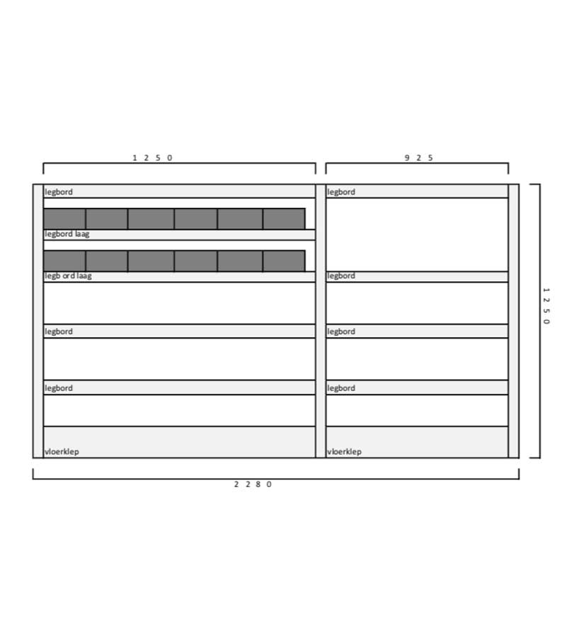 Tekening maatvoering Invanteq Mechanic zero Aluminium Lichtgewicht Bedrijfswageninrichting Kast. (L) 2280 x (B) 355 x (H) 1250 mm. 9 legborden. 12 magazijnbakken. Inclusief Vloerklep.