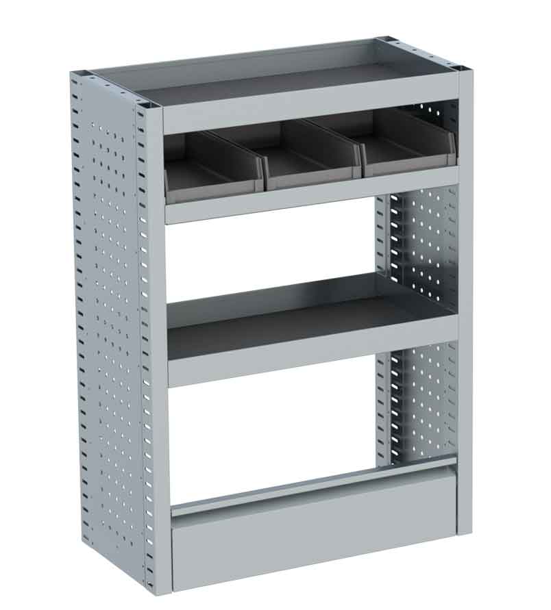 Invanteq Starter Mini lichtgewicht aluminium bedrijfswageninrichting kast. Lengte 695 mm, Breedte 355 mm, hoogte 960 mm. 3 Legvakken. inclusief montagemateriaal. inclusief 3 zwarte magazijnbakken. inclusief anti slipmatten. Inclusief Vloerklep. 10 jaar garantie. modulair systeem. Speciaal ontworpen Voor kleine bedrijfswagens maar is natuurlijk ook in te bouwen in middel en grote bedrijfswagens. Inbouw uitbesteden vraag naar de mogelijkheden.