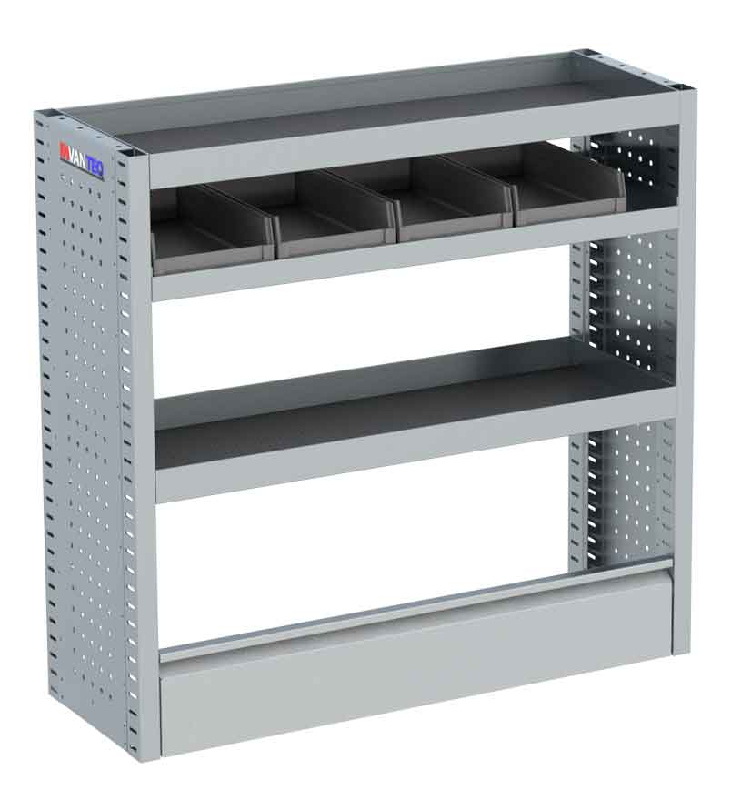 Invanteq Starter lichtgewicht aluminium bedrijfswageninrichting kast. Lengte 995 mm, Breedte 355 mm, hoogte 960 mm. 3 Legvakken. inclusief montagemateriaal. inclusief 4 zwarte magazijnbakken. inclusief anti slipmatten. 10 jaar garantie. modulair systeem. Speciaal ontworpen Voor kleine bedrijfswagens maar is natuurlijk ook in te bouwen in middel en grote bedrijfswagens. Inbouw uitbesteden? vraag naar de mogelijkheden.