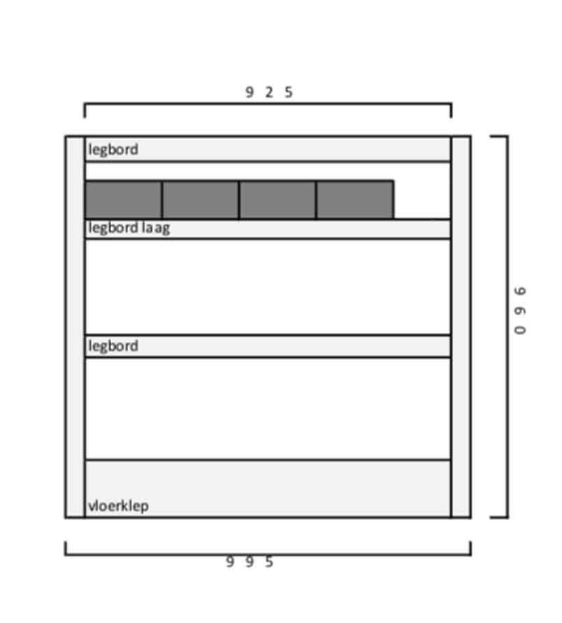 Tekening maatvoering Invanteq starter Aluminium Lichtgewicht Bedrijfswageninrichting Kast. (L) 995 x (B) 355 x (H) 960 mm. 3 legborden. 4 magazijnbakken. Inclusief Vloerklep.