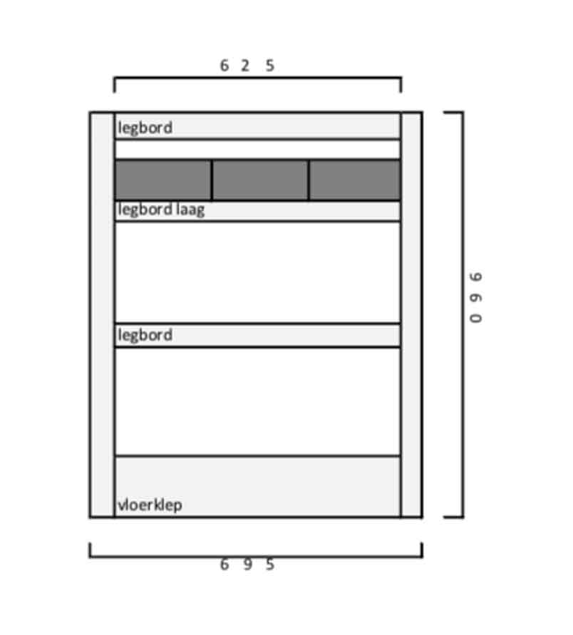 Tekening maatvoering Invanteq starter mini Aluminium Lichtgewicht Bedrijfswageninrichting Kast. (L) 695 x (B) 355 x (H) 960 mm. 3 legborden. 3 magazijnbakken. Inclusief Vloerklep.